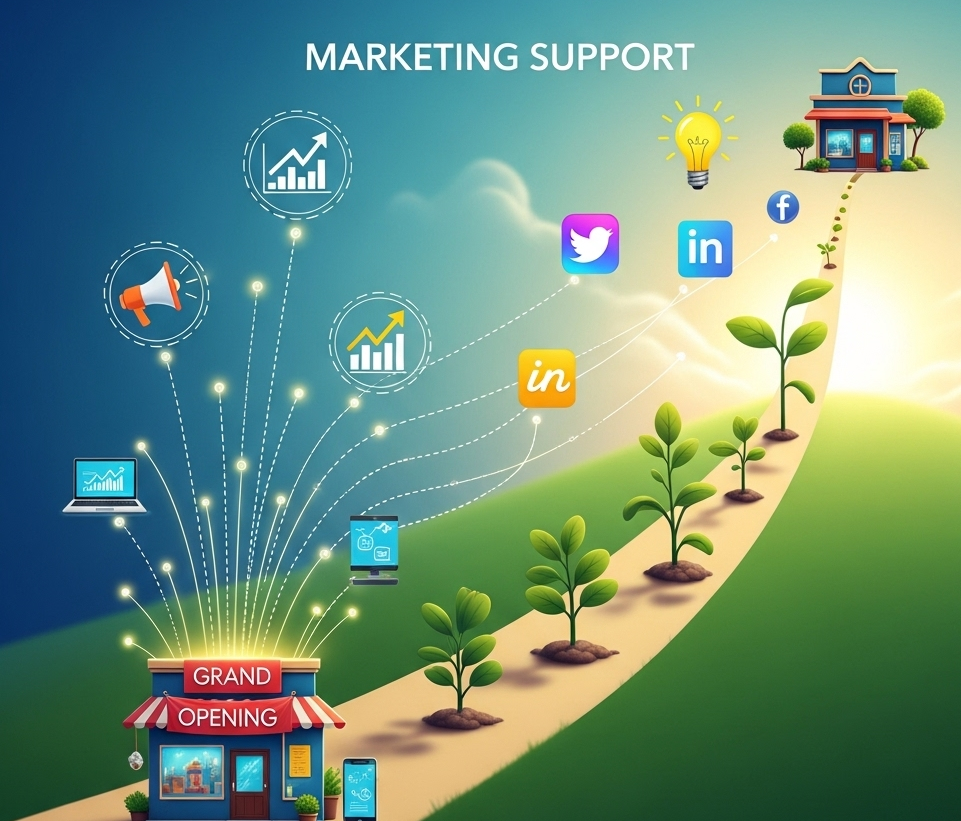 Illustration of a marketing strategy growth chart showing a path from a grand opening store to a house, with plants and social media icons connecting to various charts, light bulbs, and megaphones.