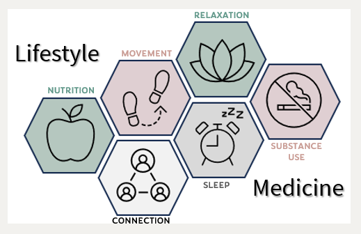 Diagram showing the connection between lifestyle, medicine, and components like nutrition, movement, relaxation, sleep, and substance use.