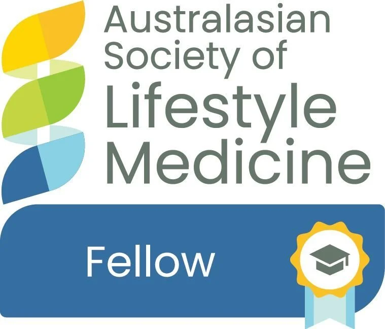 Logo of the Australasian Society of Lifestyle Medicine featuring a colorful stylized DNA helix and a blue badge with a graduation cap, indicating Fellow status.