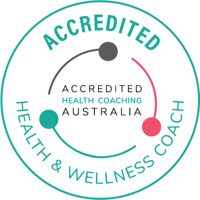 Certification badge with a circle design, featuring a stylized gauge, the text 'ACCREDITED HEALTH & WELLNESS COACH' and 'HEALTH COACHING'.
