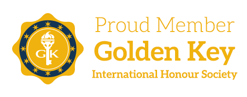 Proud member badge for Golden Key International Honour Society, featuring a gold and black emblem with a torch and the initials G K.