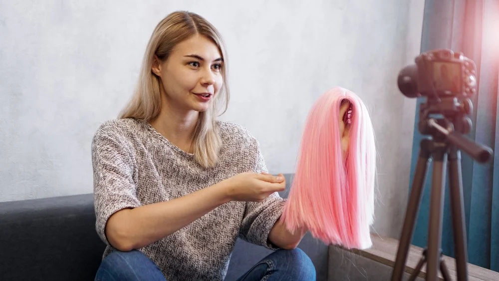 A woman holding a pink hair extension and examining it closely.