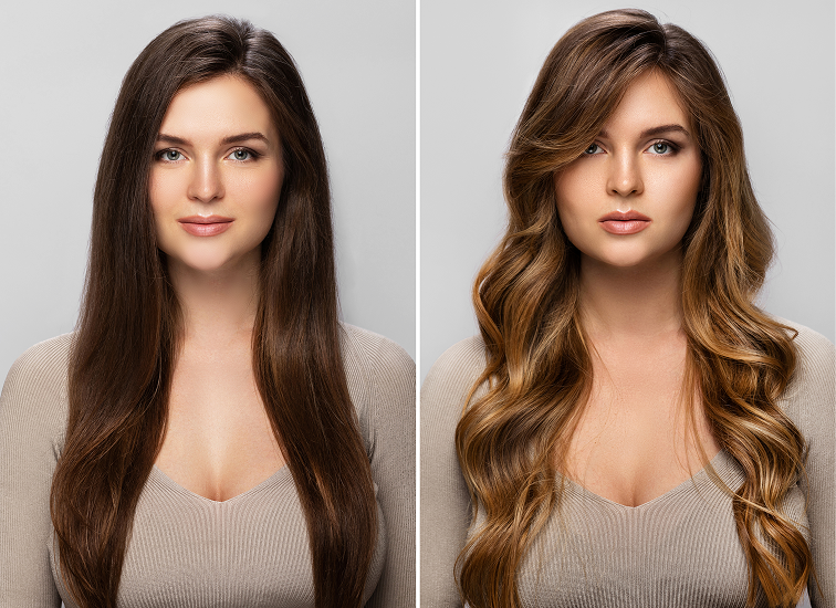 A happy young woman with styled brown hair in a salon after coloring, demonstrating the look of brown hair balayage versus highlights for a modern style.