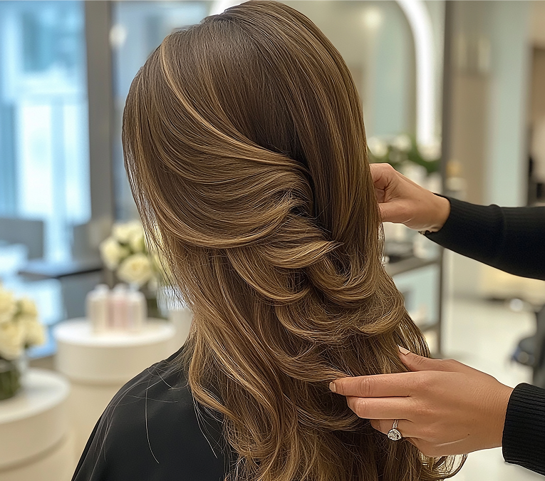 Close-up of a client's finished balayage result showing soft, sun-kissed dimension and natural grow-out at a hair color salon.