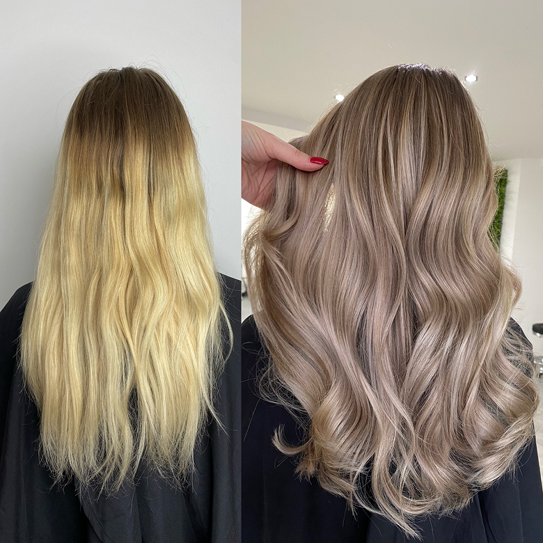 Dyed hair showing light and dark strands blended together, illustrating balayage vs highlights side by side in a salon result.