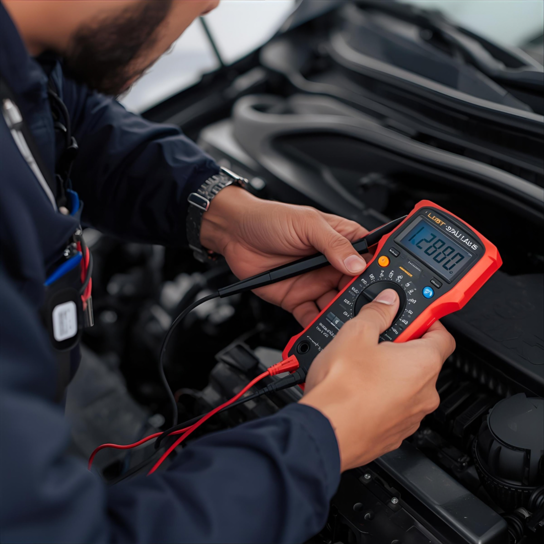 Sisson Servicing technician using a digital multimeter for car electrical diagnostics and battery testing at a customer's location.