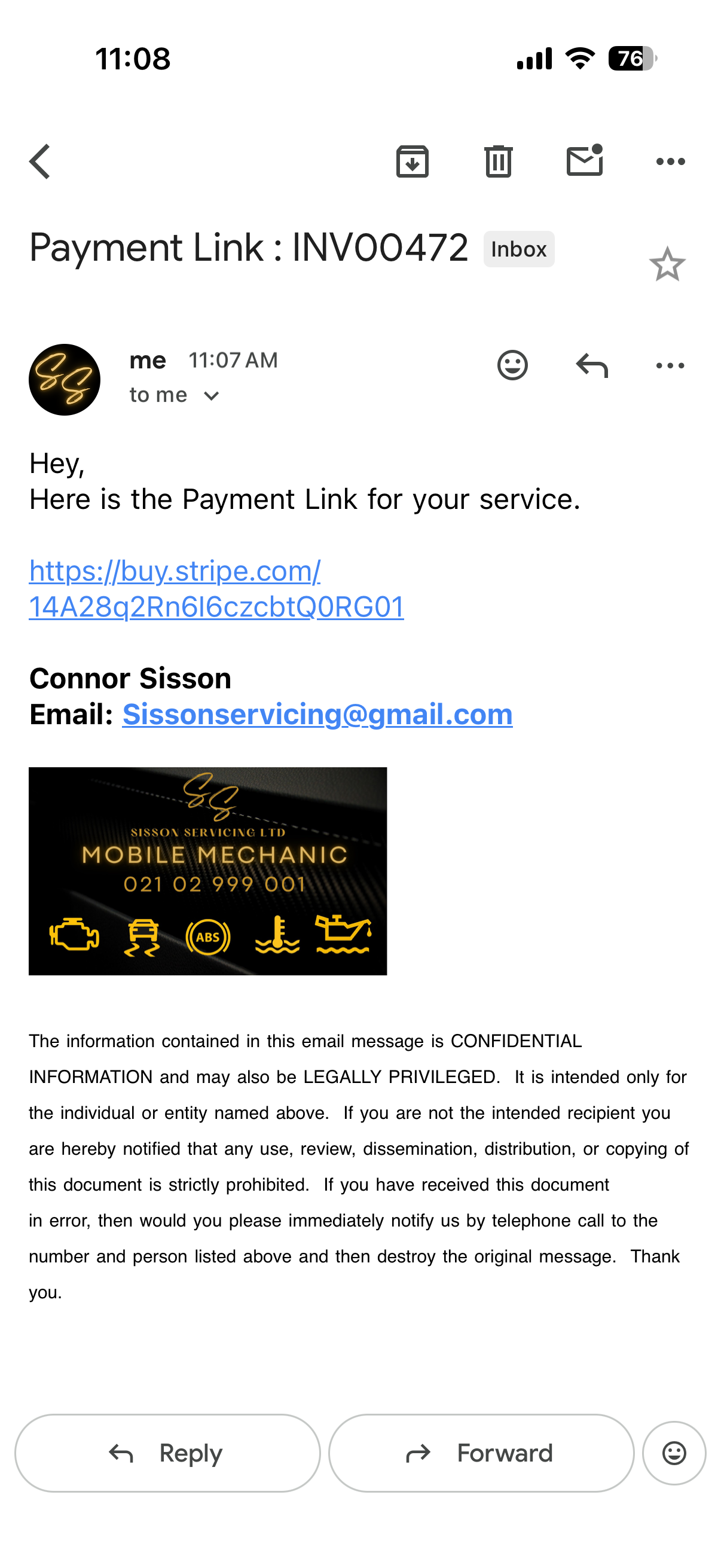 a screenshot of instructions on how to use Afterpay to buy Mobile Mechanic services in Hawkes bay.