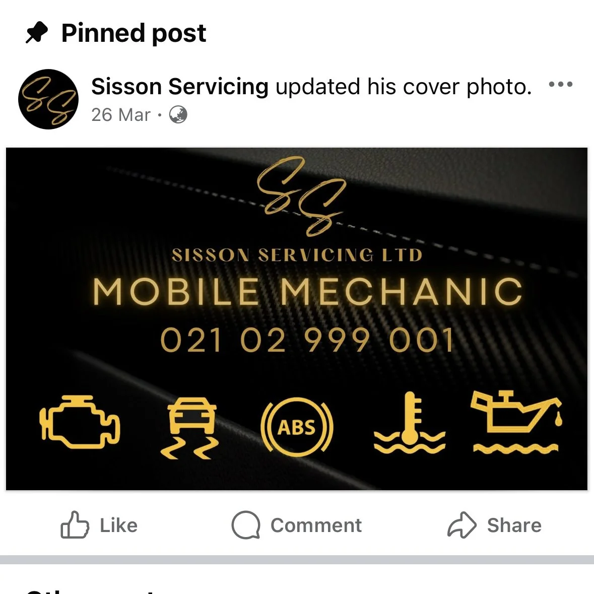 Sisson Servicing Ltd Mobile Mechanic contact card featuring phone number 021 02 999 001 and service icons for engine diagnostics, ABS, and oil pressure