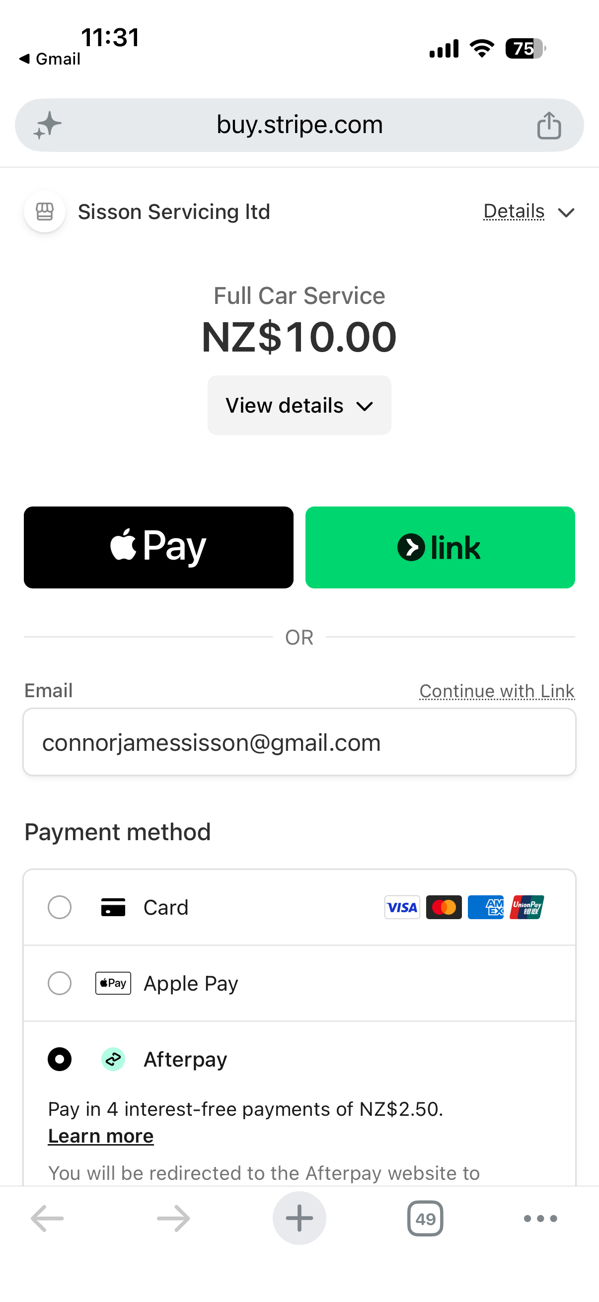 Screenshot of a mobile mechanic payment page on a smartphone, highlighting Afterpay selected as the payment method for interest-free vehicle service and repair installments in Hastings and Napier.