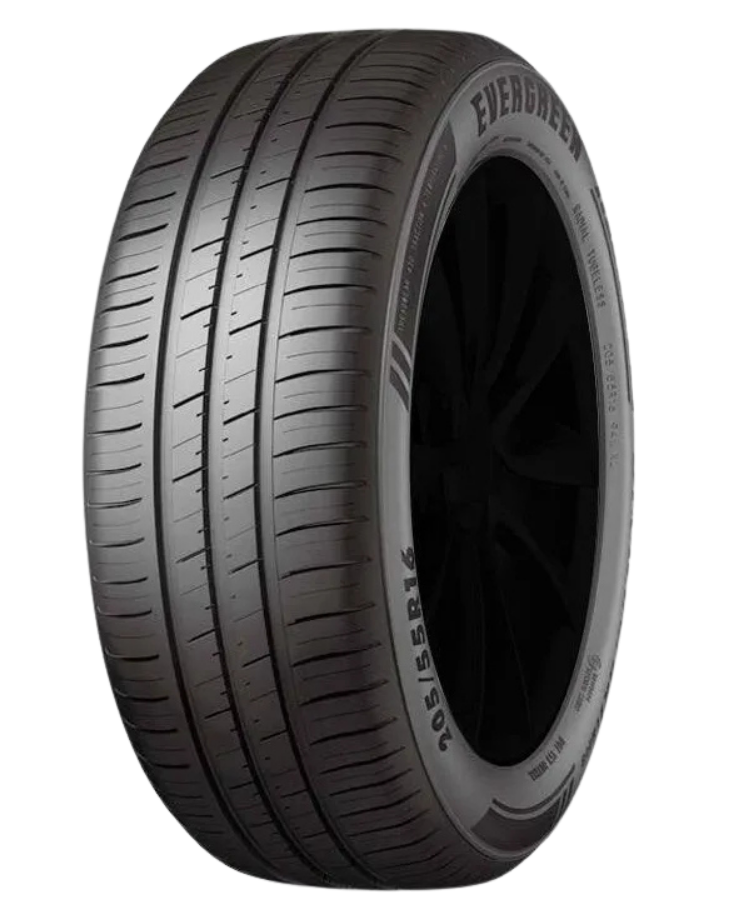 Close-up profile view of a black passenger car tyre showing the tread pattern.