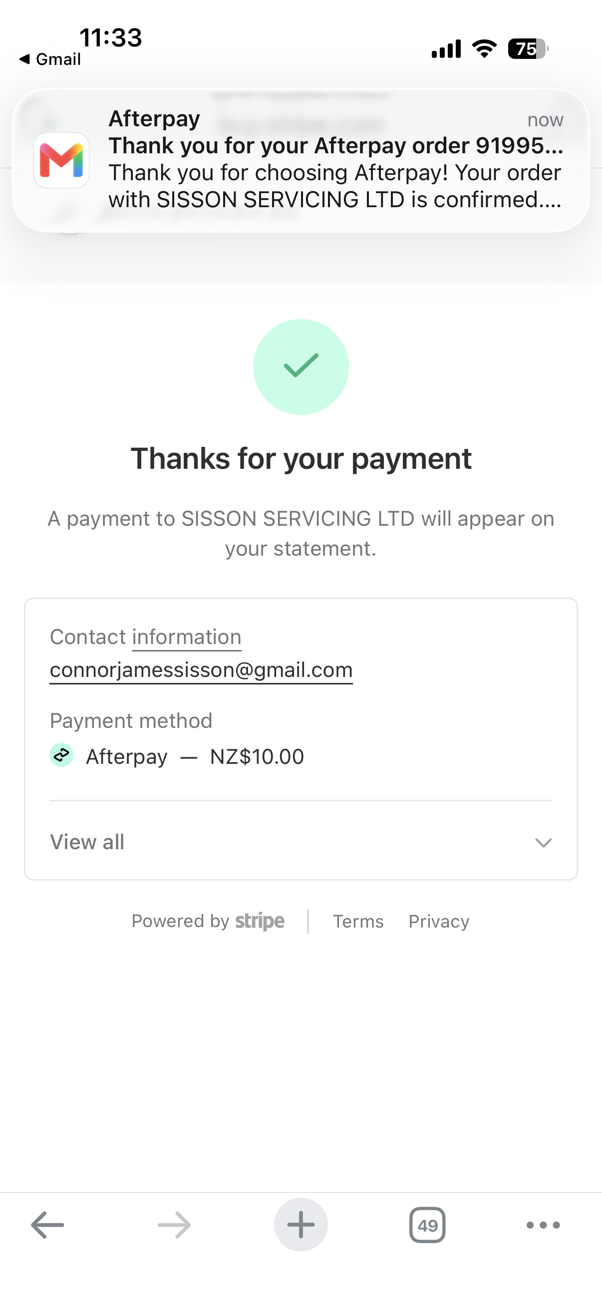 Smartphone screenshot displaying a green checkmark and "Thanks for your payment" confirmation screen for Sisson Servicing Ltd, along with an Afterpay email notification confirming the successful mobile mechanic order.