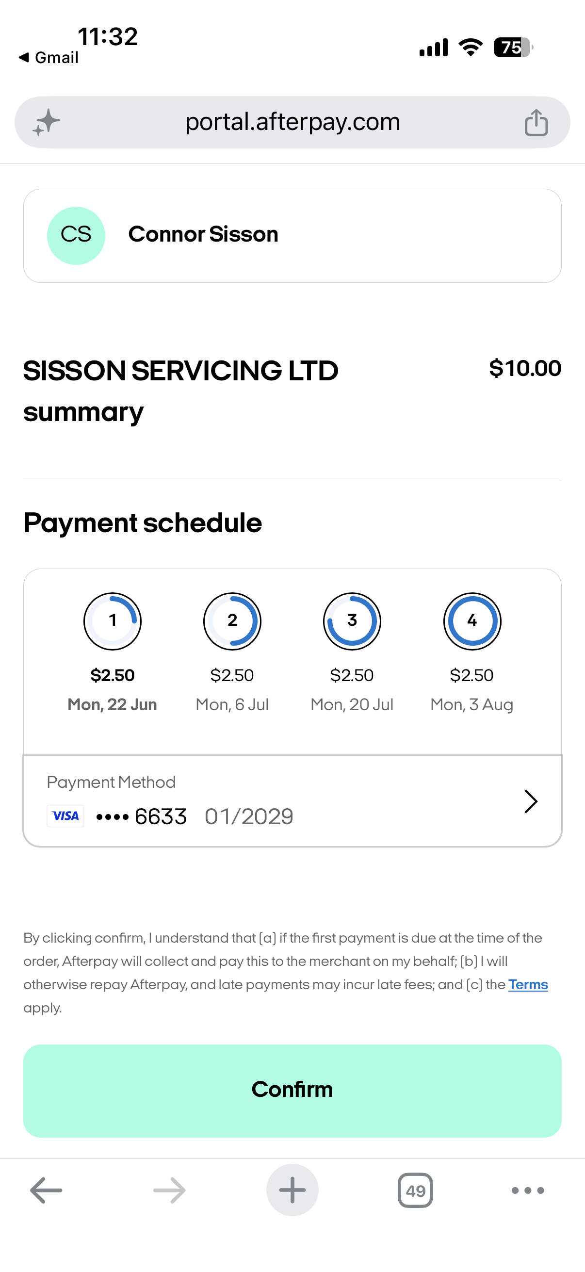 Smartphone screenshot of the Afterpay checkout confirmation page for Sisson Servicing Ltd, displaying an example four-installment payment schedule for interest-free mobile mechanic services in Hastings and Napier.