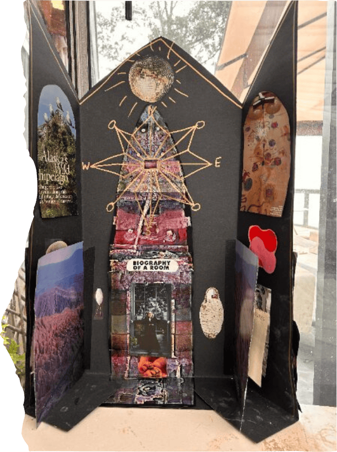 A layered art project titled 'Biography of a Room' featuring images of a room's interior, a moon illustration, a tapestry with patterns, and various photographs and artwork.
