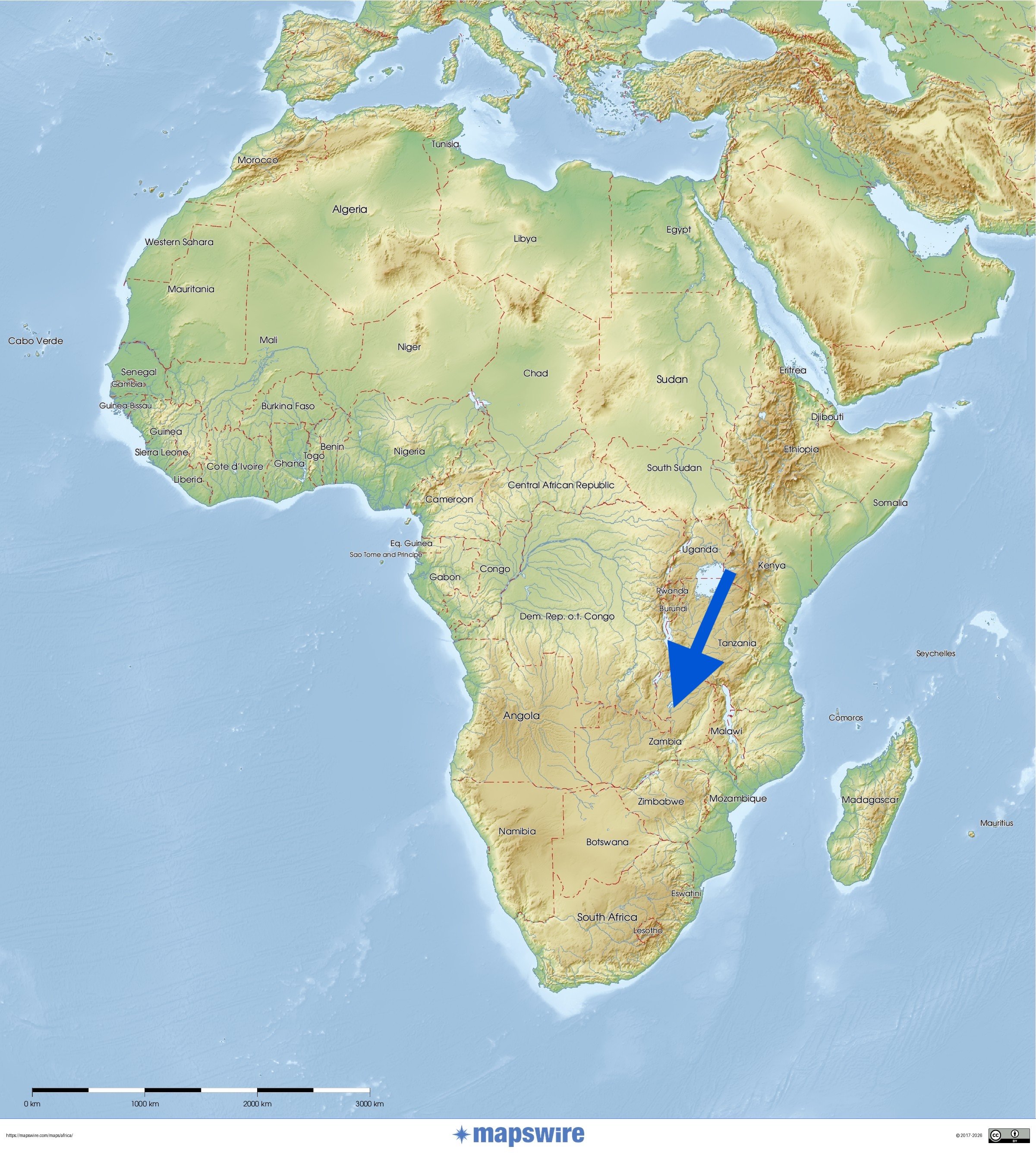 Map of Africa with blue arrow for Kasanka National Park