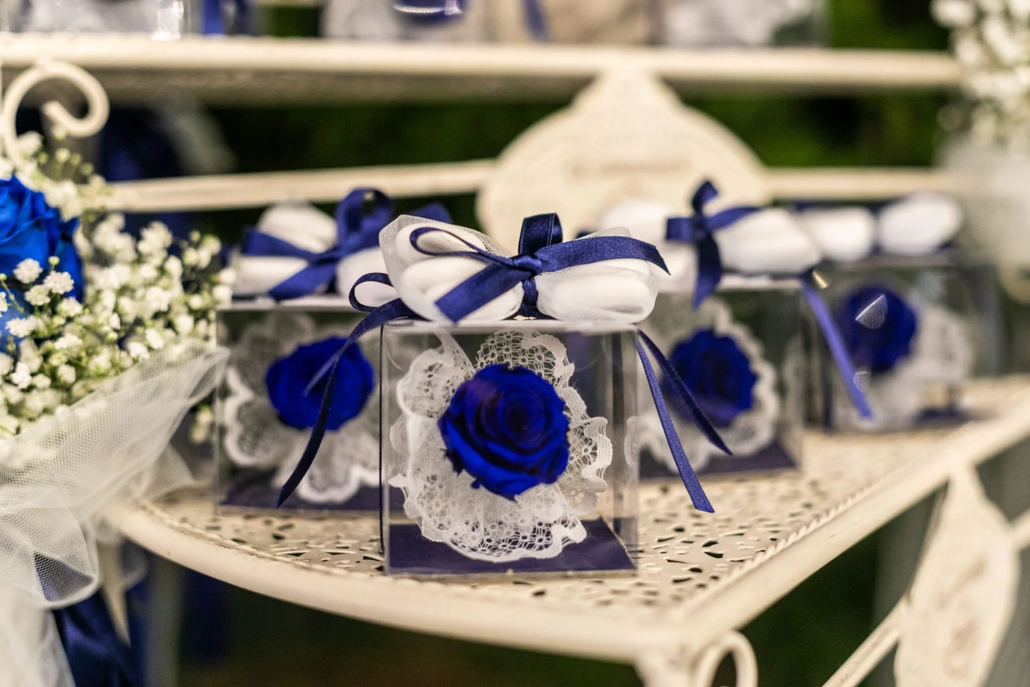 Elegante bomboniera colorata. rosa stabilizzata blu con confetti bianchi alla mandorla. nastro di raso blu e decorare.
