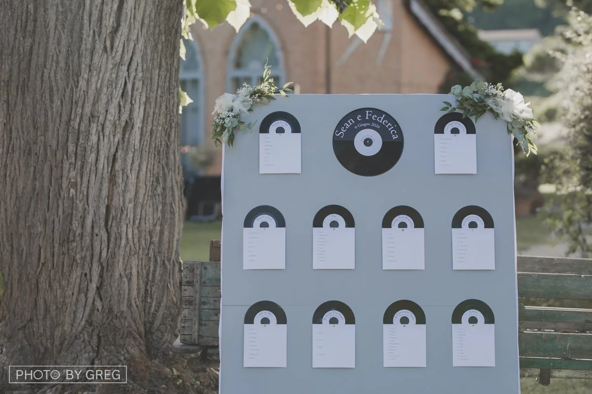 Tableau de mariage a tema musica. un pannello che racchiude un disco in vinile per ogni tavolo, un tableau semplice ed elegante su toni freddi, minimalista. 