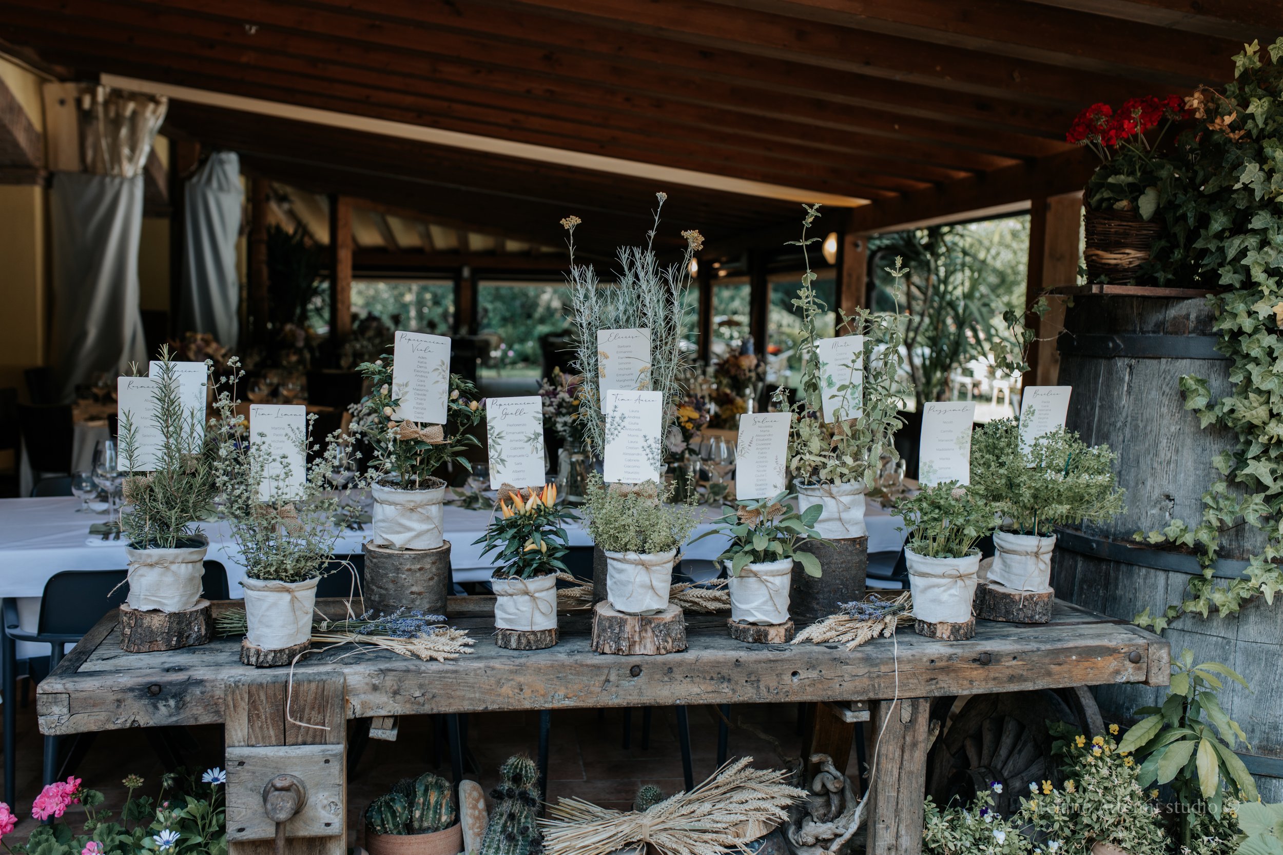 Tableau de mariage rustico su base di legno. piante aromatiche con cartelli per indirizzare gli ospiti al proprio tavolo 