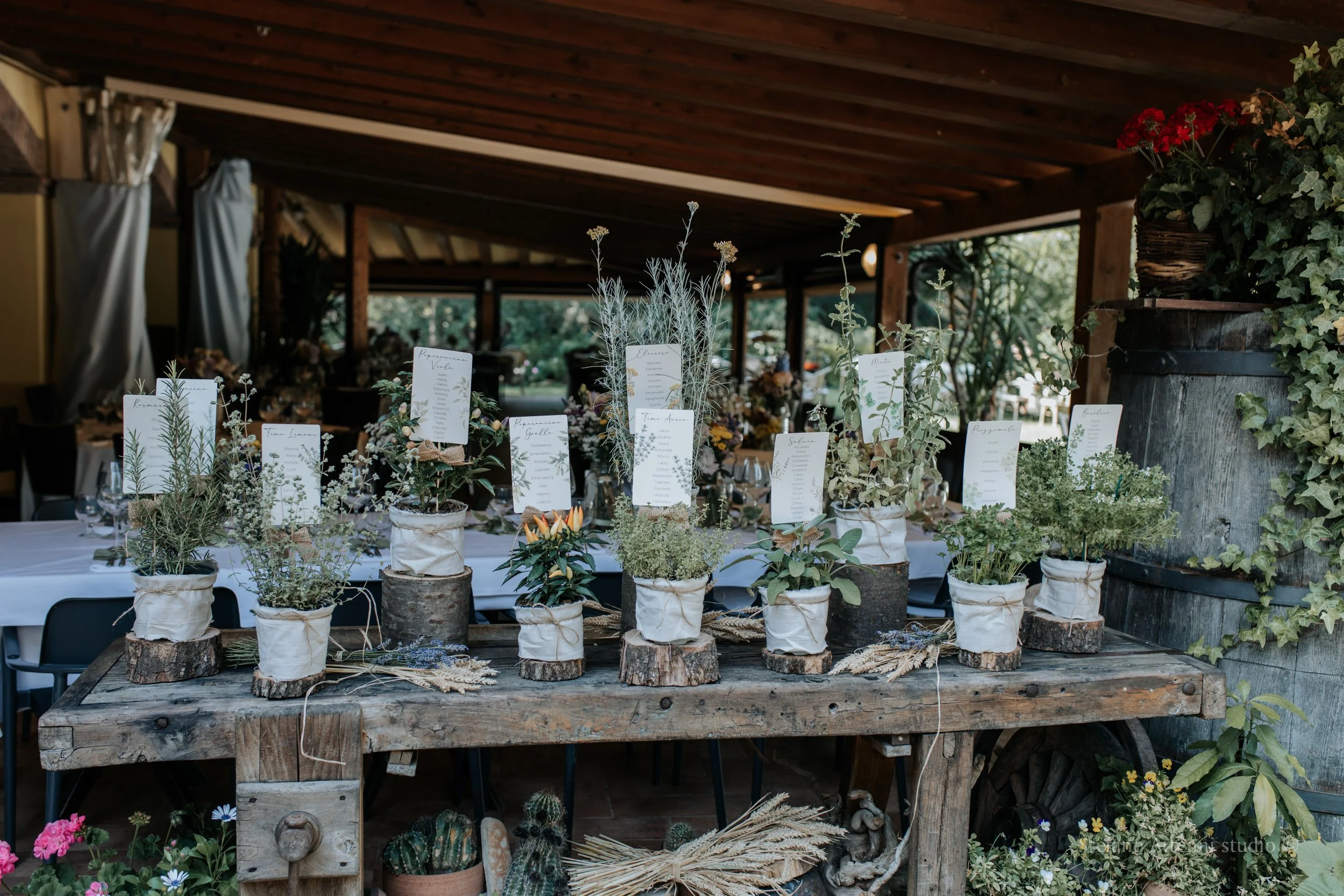 Tableau de mariage con piante aromatiche. la scelta degli sposi di utilizzare piante in vaso invece che fiori recisi. un simbolo di crescita e prosperità per la coppia. i vasi sono coperti da una stoffa rustica e spago. le piante disposte sul tavolo 