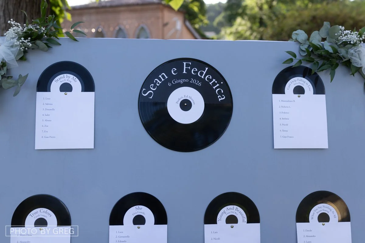 Tableau de mariage a tema musica. un pannello che racchiude un disco in vinile per ogni tavolo, un tableau semplice ed elegante su toni freddi, minimalista. 
