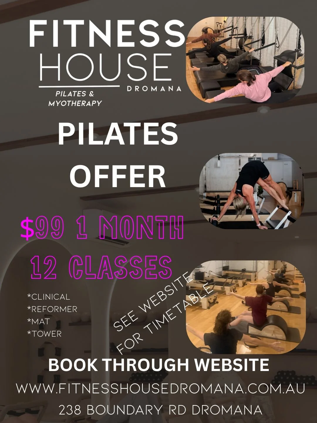 A woman with curly hair doing Pilates on a reformer machine in a bright, modern gym with plants.