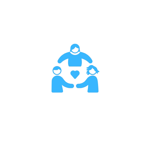 Blue icon of three people with a heart at the center, symbolizing love or care.