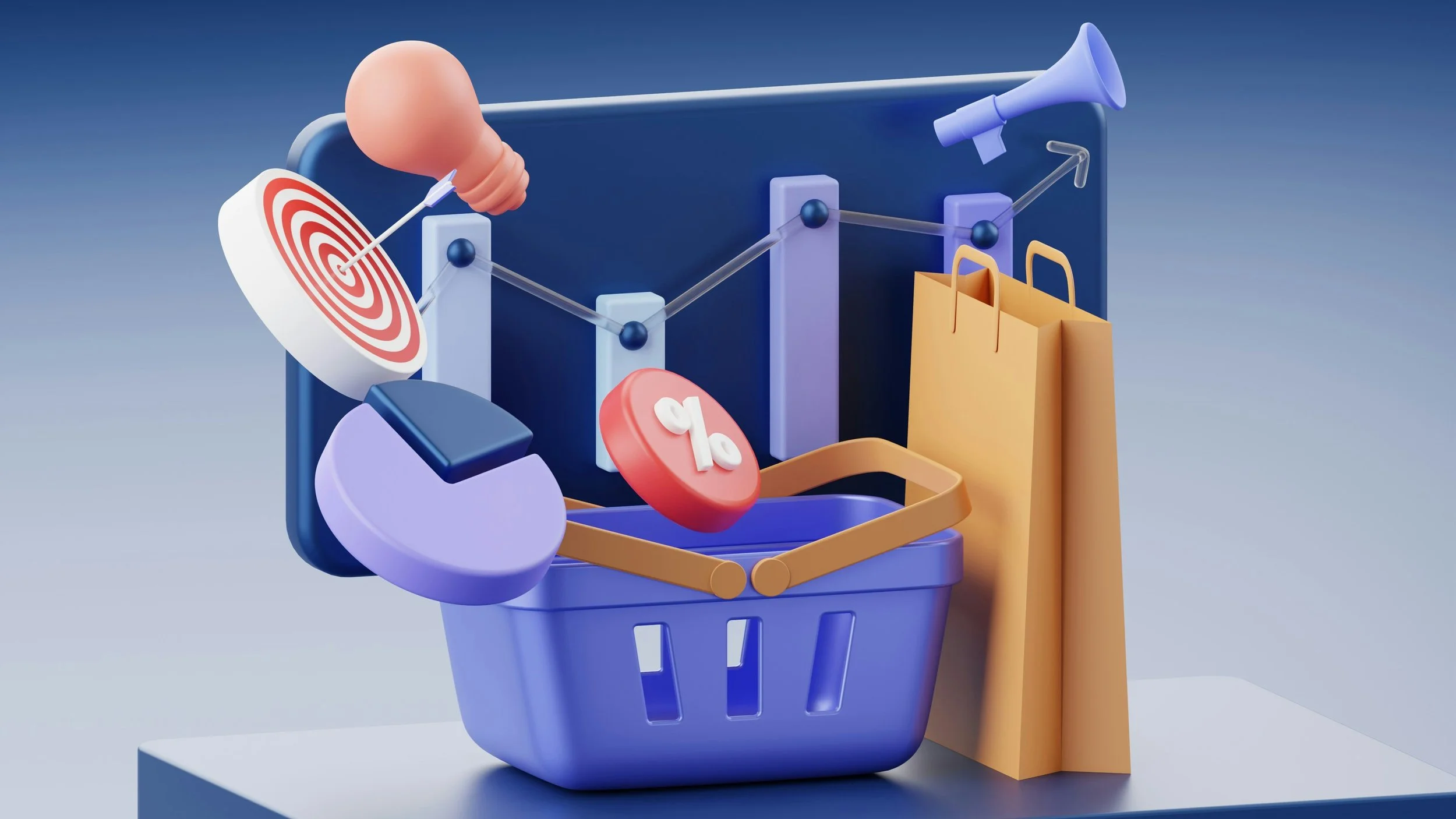3D illustration of shopping and marketing concepts with a shopping basket, target, pie chart, percentage sign, bar chart, shopping bag, and megaphone.