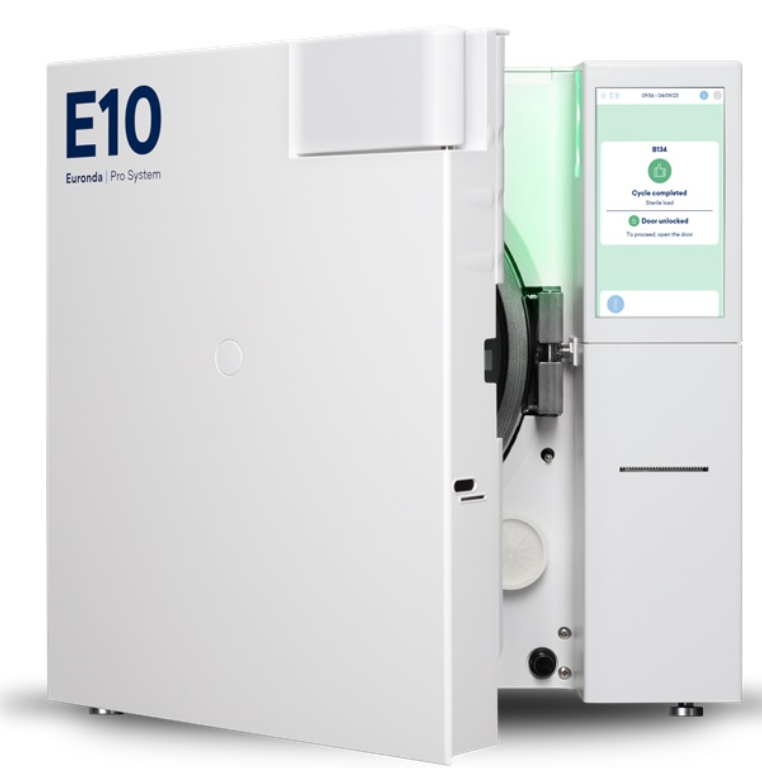 E10 Euronda Pro System dental sterilizer with digital display showing cycle completion and door unlocked message.