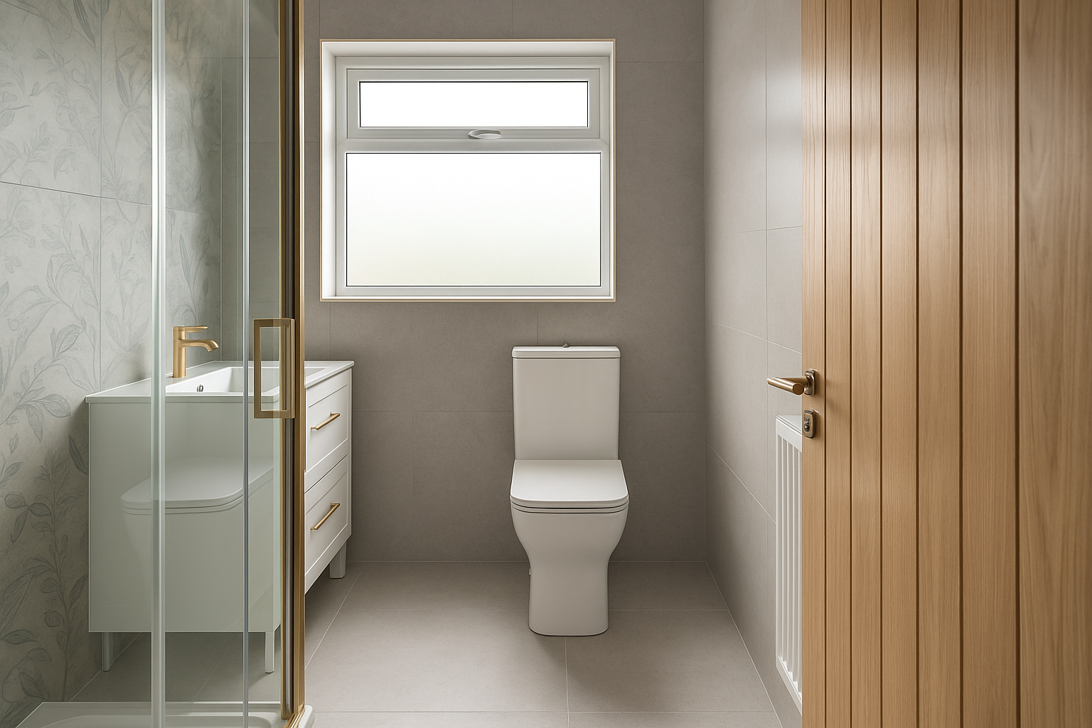 Modern bathroom with a frosted window, a white toilet, a small white vanity with gold handles, and a glass shower door with gold trim. Wooden paneled door and light-colored tile flooring.