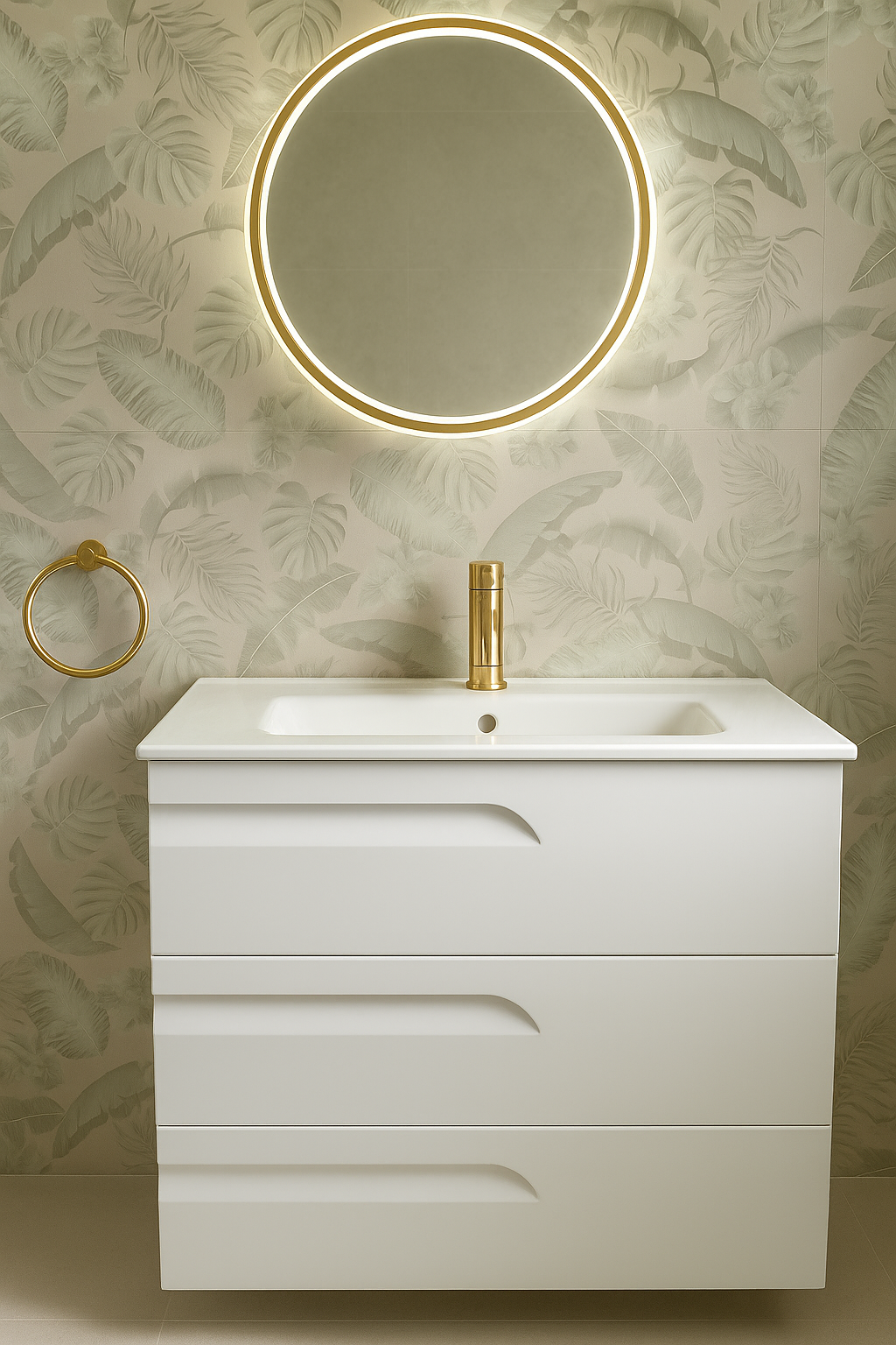 A minimalist bathroom vanity with a white sink and cabinet, gold fixtures, a round mirror with backlighting, and a gold towel ring on a wall with botanical leaf wallpaper.