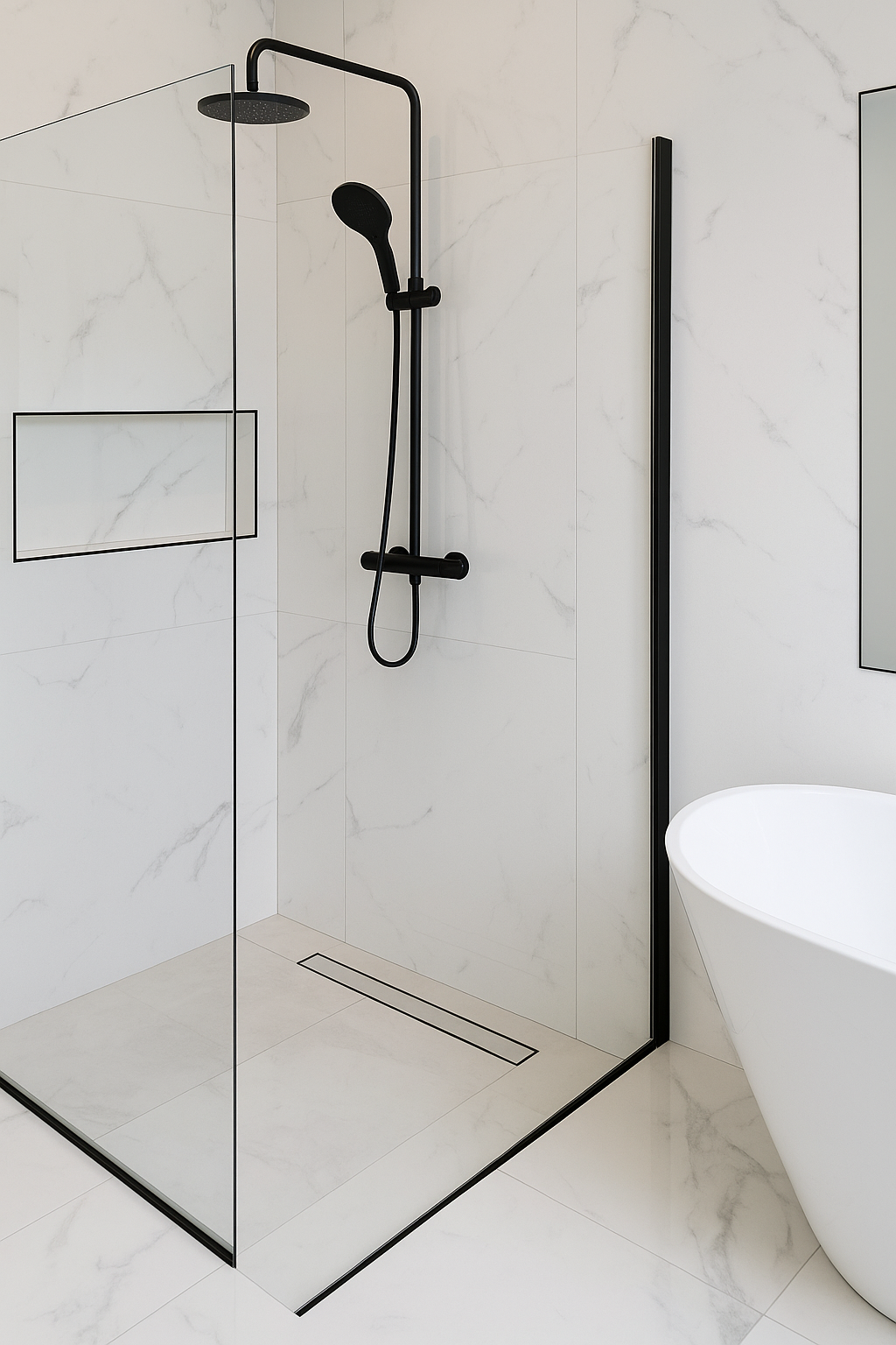 Modern walk-in shower with black fixtures, a rain shower head, and a handheld shower head, enclosed by glass panels. A sloped drain is on the white marble floor, and a partial view of a freestanding white bathtub is visible on the right.