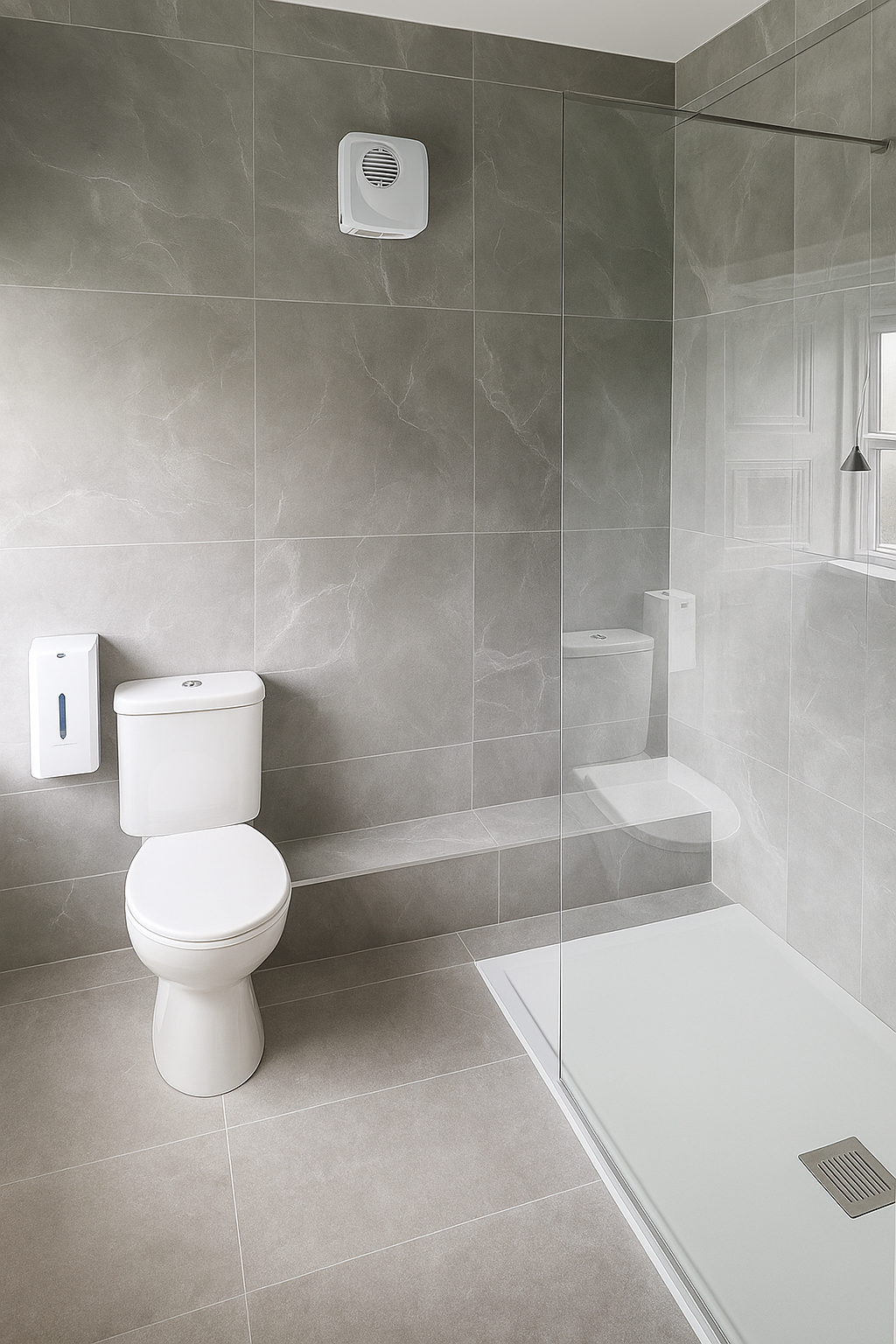 A modern bathroom with a white toilet, a wall-mounted hand sanitizer dispenser, a white vent on the wall, and a walk-in shower with a glass partition, gray tiled walls and floor, and a window with natural light.