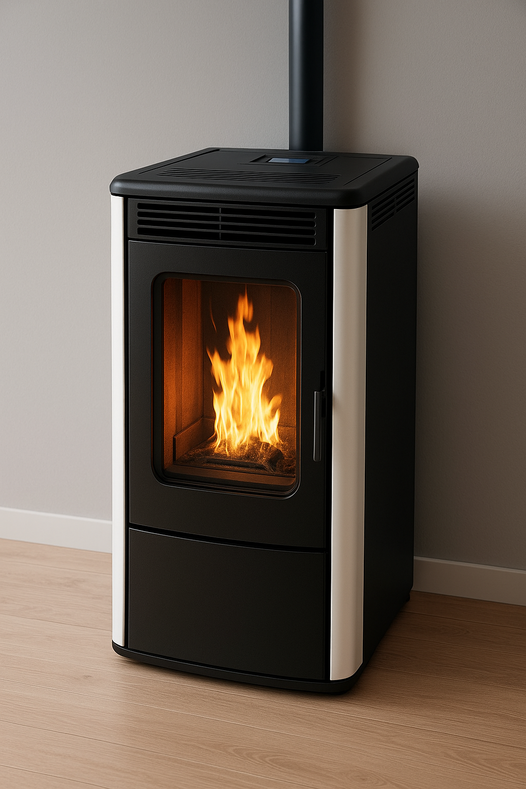 A modern pellet stove with a visible flame inside, placed against a light-colored wall on a wooden floor.