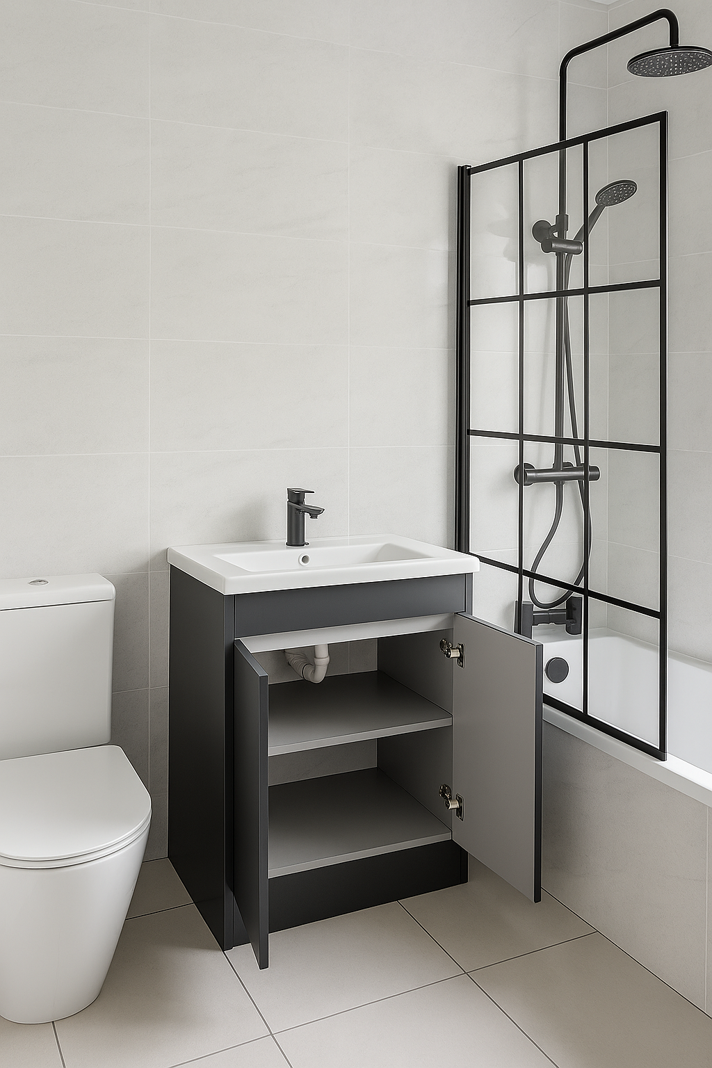 Modern bathroom with a toilet, a black vanity with a white sink, and a shower with a glass partition and black frame.