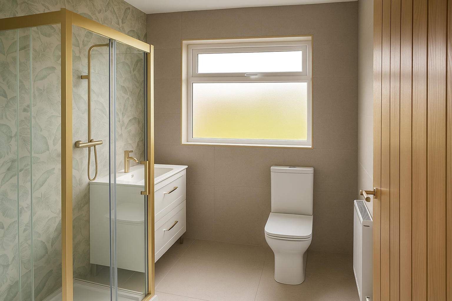 Modern bathroom with a walk-in shower, white vanity, toilet, large window, and wood-paneled wall.