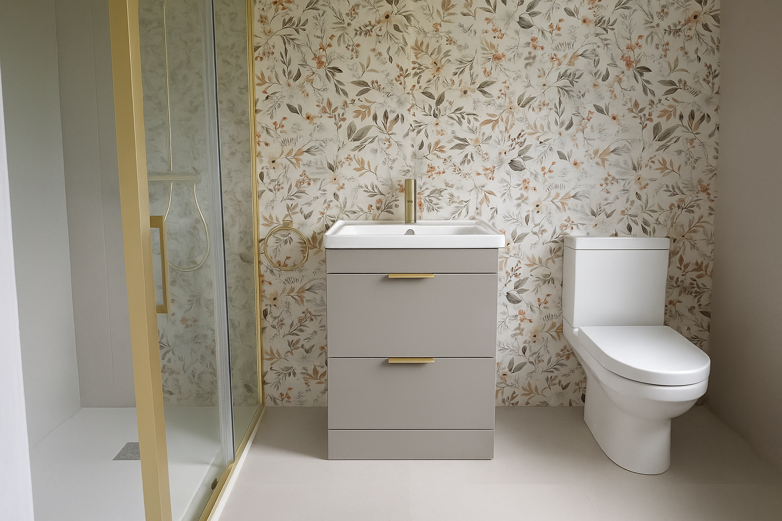 Modern bathroom with floral wallpaper, white vanity with gold handles, and a white toilet. A glass shower with gold framing is on the left.