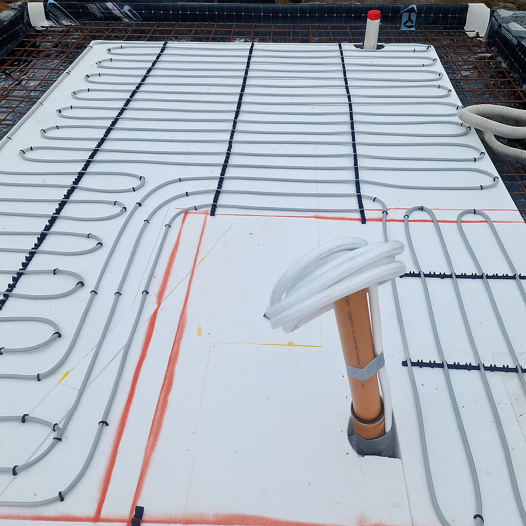 Underfloor heating pipes installed on a white surface with orange and black markings, with a pipe sticking out and a hose on the side.