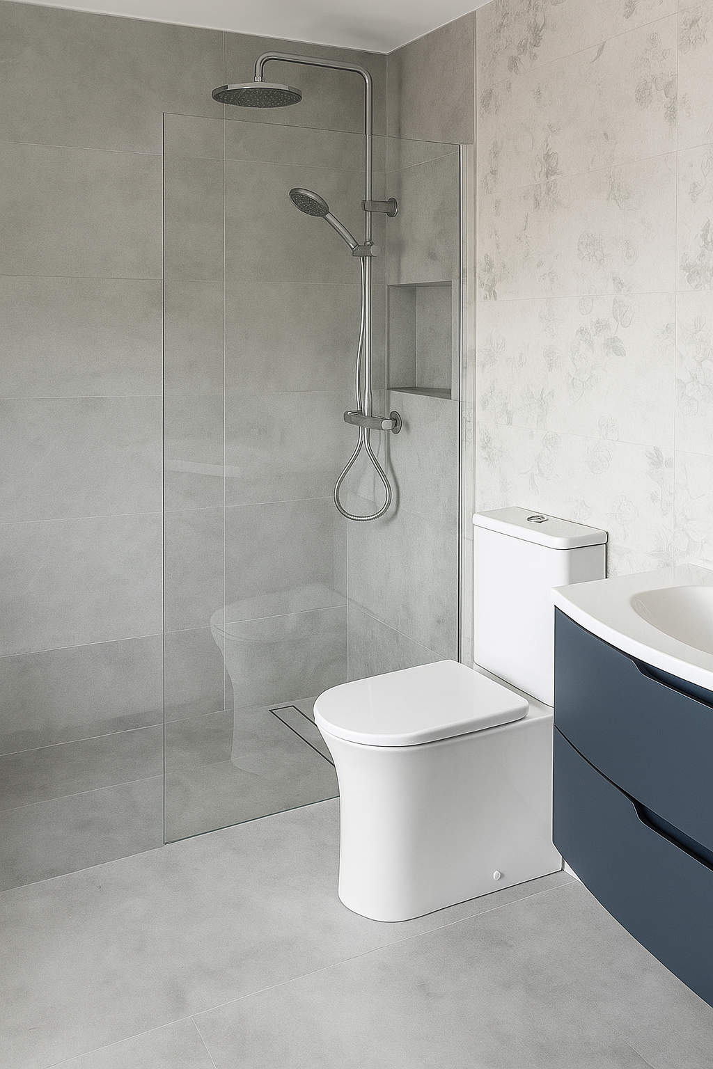 Modern bathroom with a walk-in shower, toilet, and vanity with a sink.