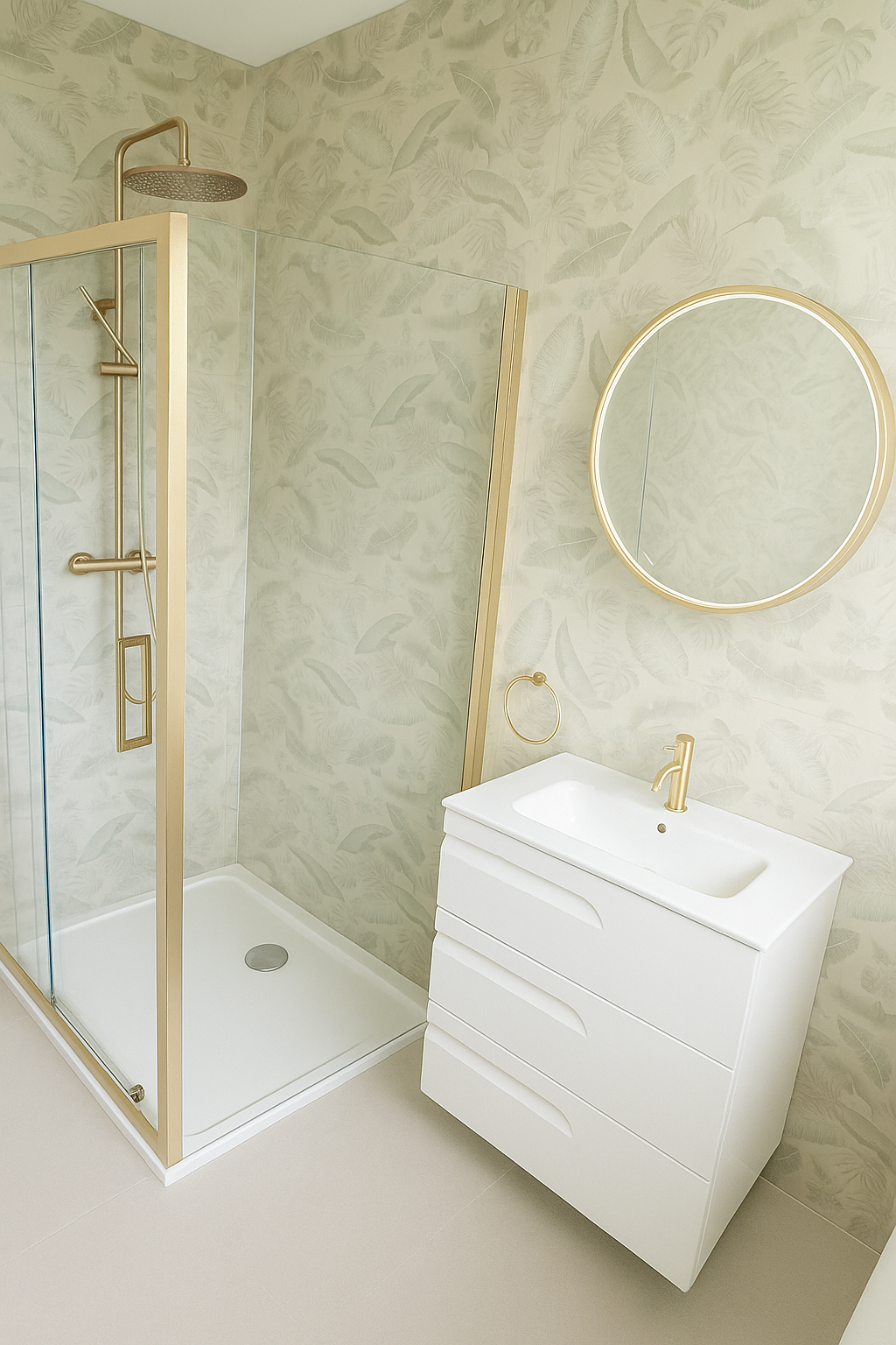 A modern bathroom featuring a glass-enclosed shower with gold accents, a round mirror with a gold frame, a white vanity with a gold faucet, a gold towel ring, and wallpaper with a subtle leaf pattern.
