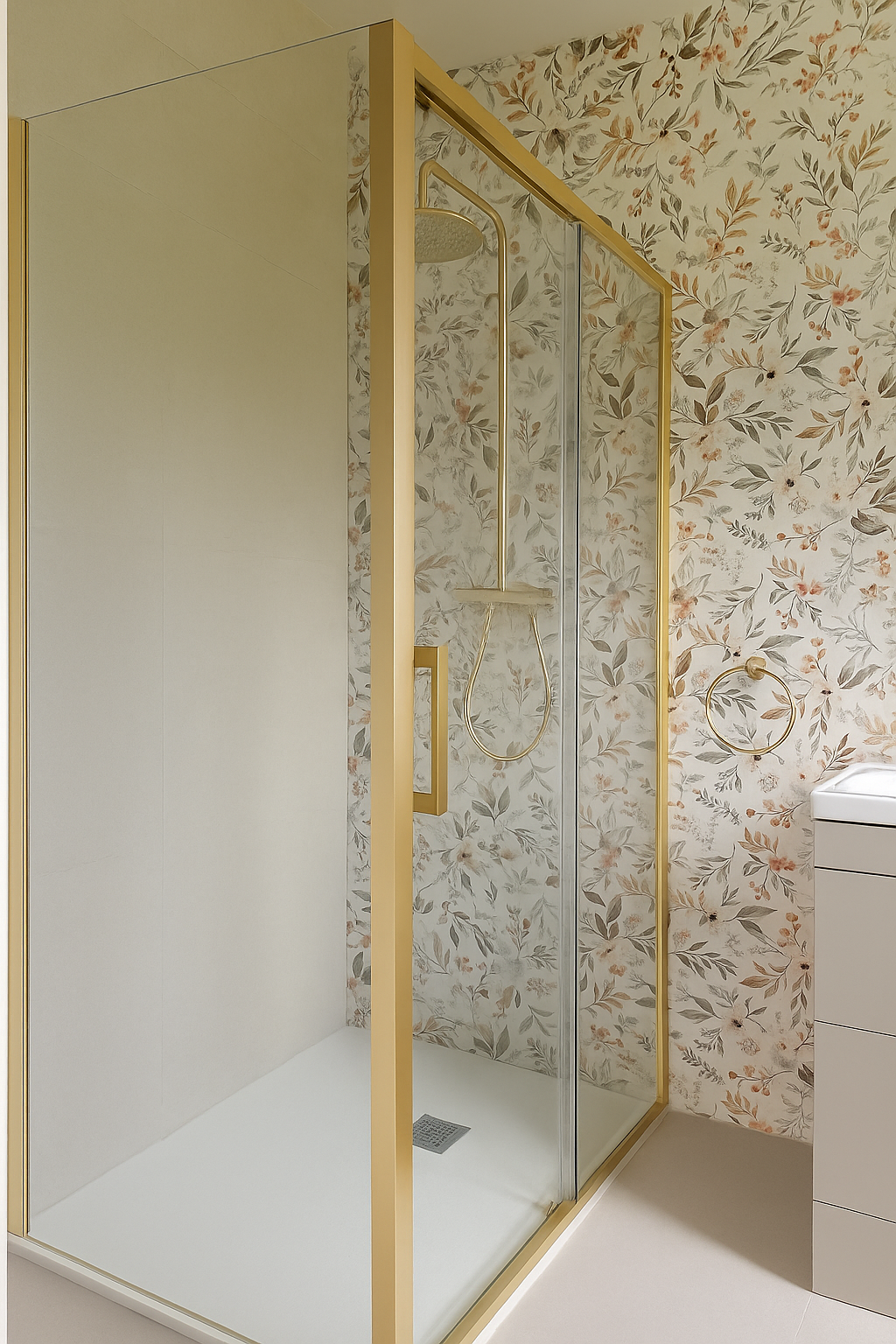 Modern shower with glass doors and gold trim, floral wallpaper, white vanity and gold towel ring on the wall.