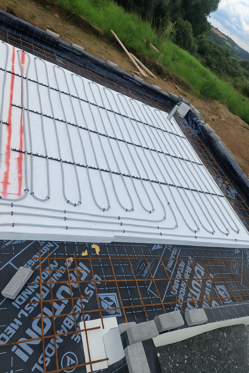 Installation of a radiant floor heating system, with pipes laid out over a white insulation panel, surrounded by construction materials and greenery in the background.