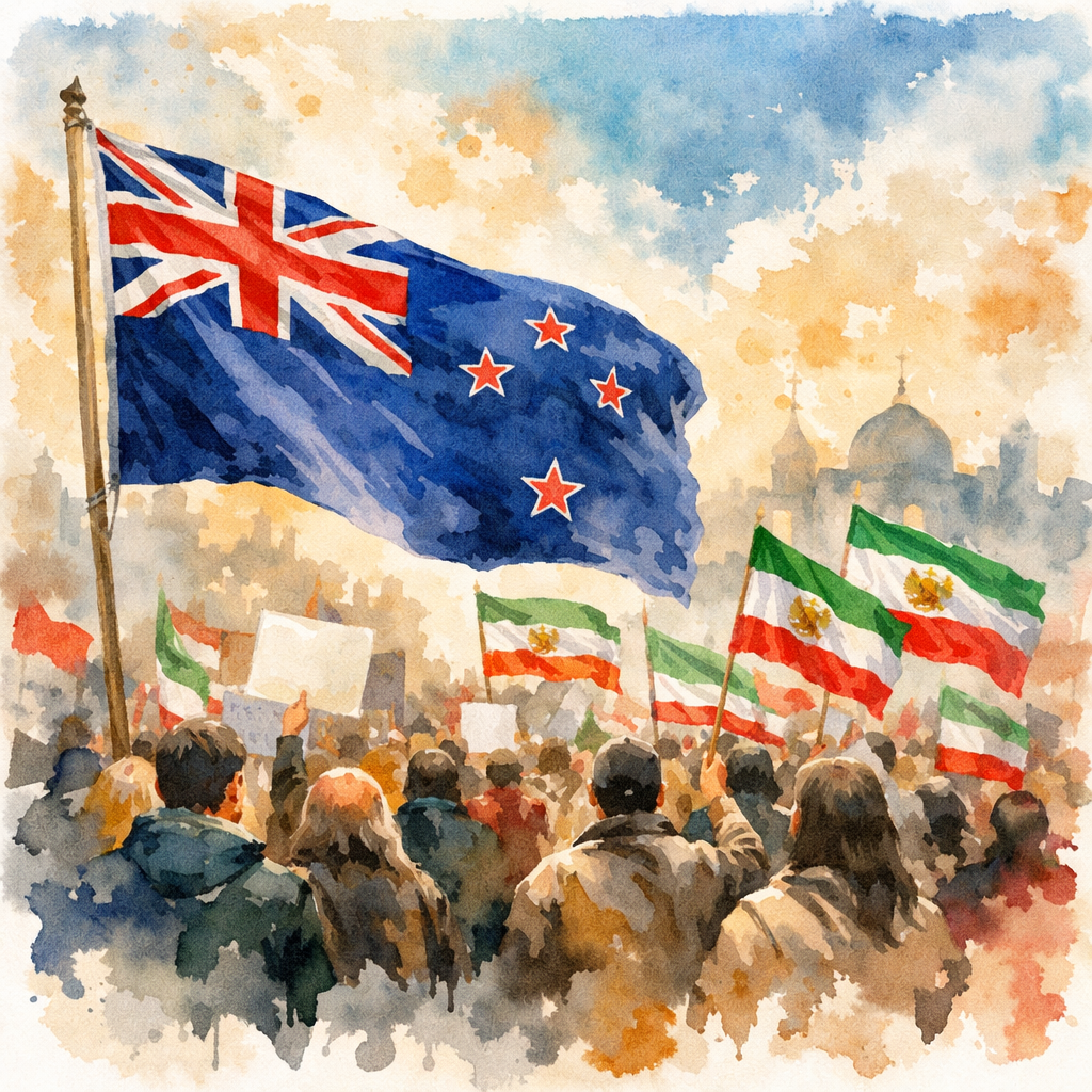 The New Zealand flag at an Iran demonstration!?