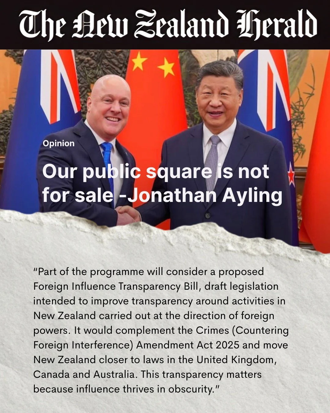 Don&rsquo;t miss your chance to join us this weekend for the International Symposium on Countering Foreign Interference!

Link in Bio 

Read The Full Op-ed Here:
https://www.nzherald.co.nz/nz/our-public-square-is-not-for-sale-jonathan-ayling/premium/