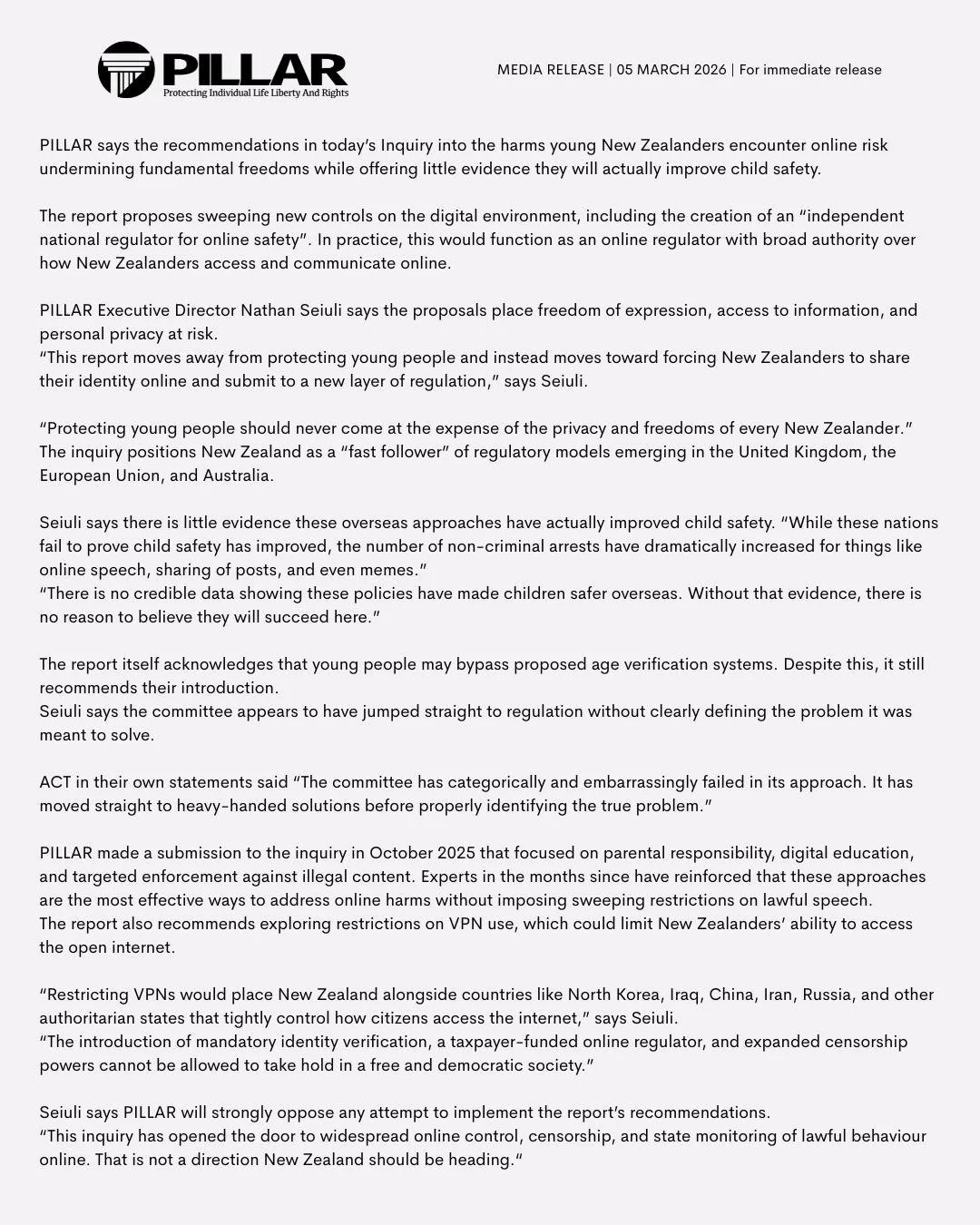 MEDIA RELEASE | 05 MARCH 2026 | For immediate release
New Zealand Should Reject Online Censorship Models From UK, EU, AUS