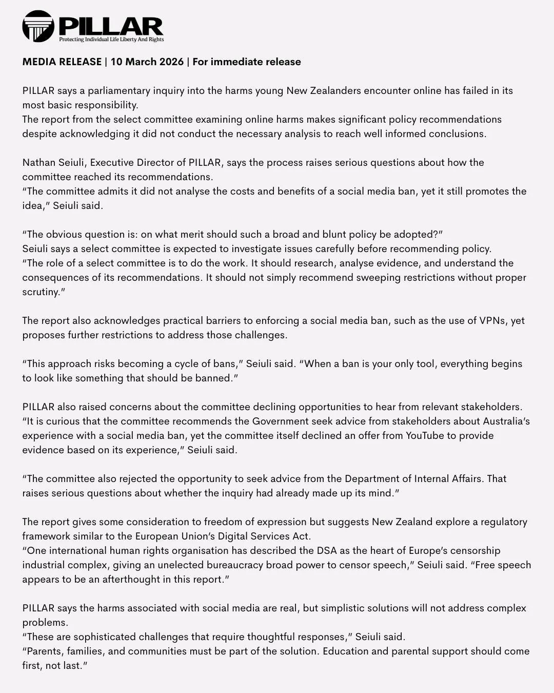 Select Committee inquiry &ldquo;failed to inquire&rdquo;
MEDIA RELEASE | 10 March 2026 | For immediate release