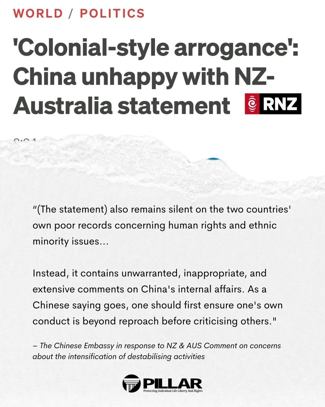 NZ &amp; Australia slam China&rsquo;s conduct in the South China Sea as &ldquo;unsafe and unprofessional,&rdquo; warning of escalating, destabilising behaviour.
They also raise alarm over human rights abuses in Xinjiang and Tibet, and the targeting o