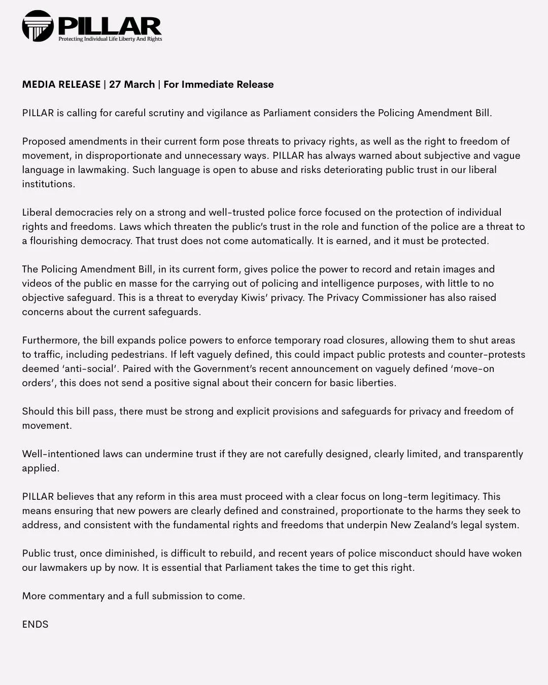 Call for Caution on Policing Amendment Bill
MEDIA RELEASE | 27 March | For Immediate Release