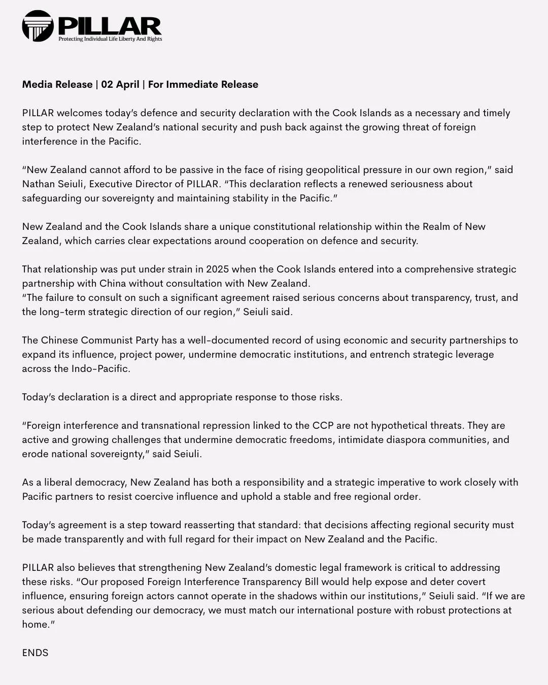 Media Release | 02 April | For Immediate Release
PILLAR Welcomes Defence Pact, Warns of Growing Foreign Interference Threat