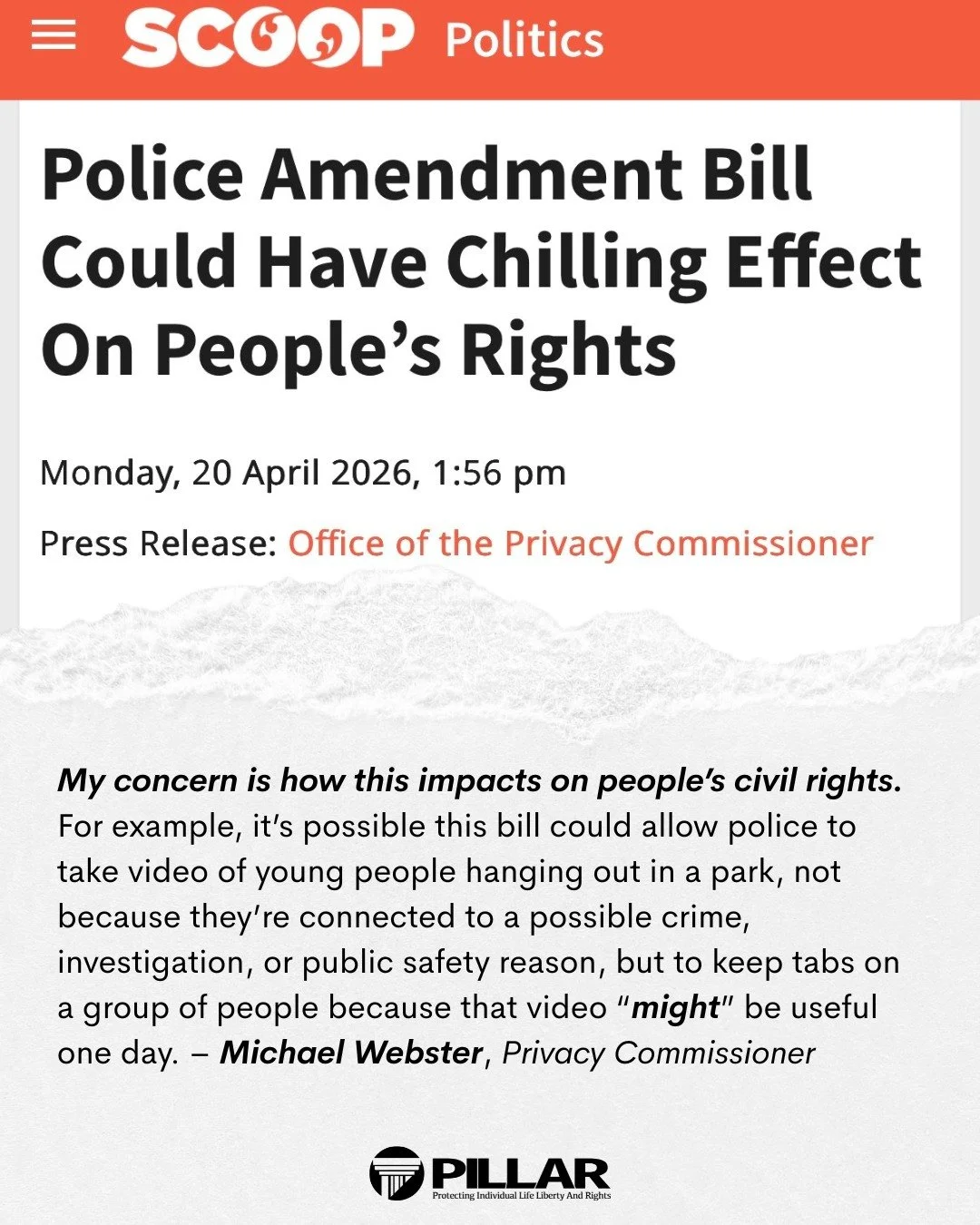 This isn&rsquo;t fringe concern. Even the Privacy Commissioner opposes the Policing Amendment Bill. Say no to overreach. Sign the petition.
https://www.nzpillar.com/police-overreach