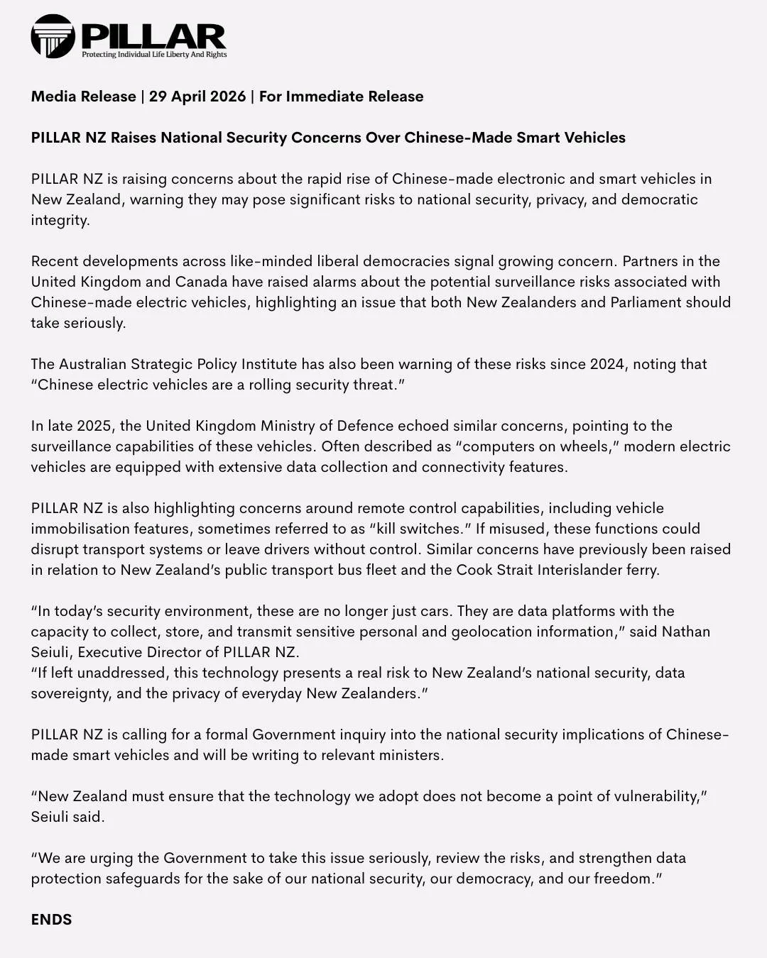 Media Release | 29 April 2026 | For Immediate Release
PILLAR NZ Raises National Security Concerns Over Chinese-Made Smart Vehicles