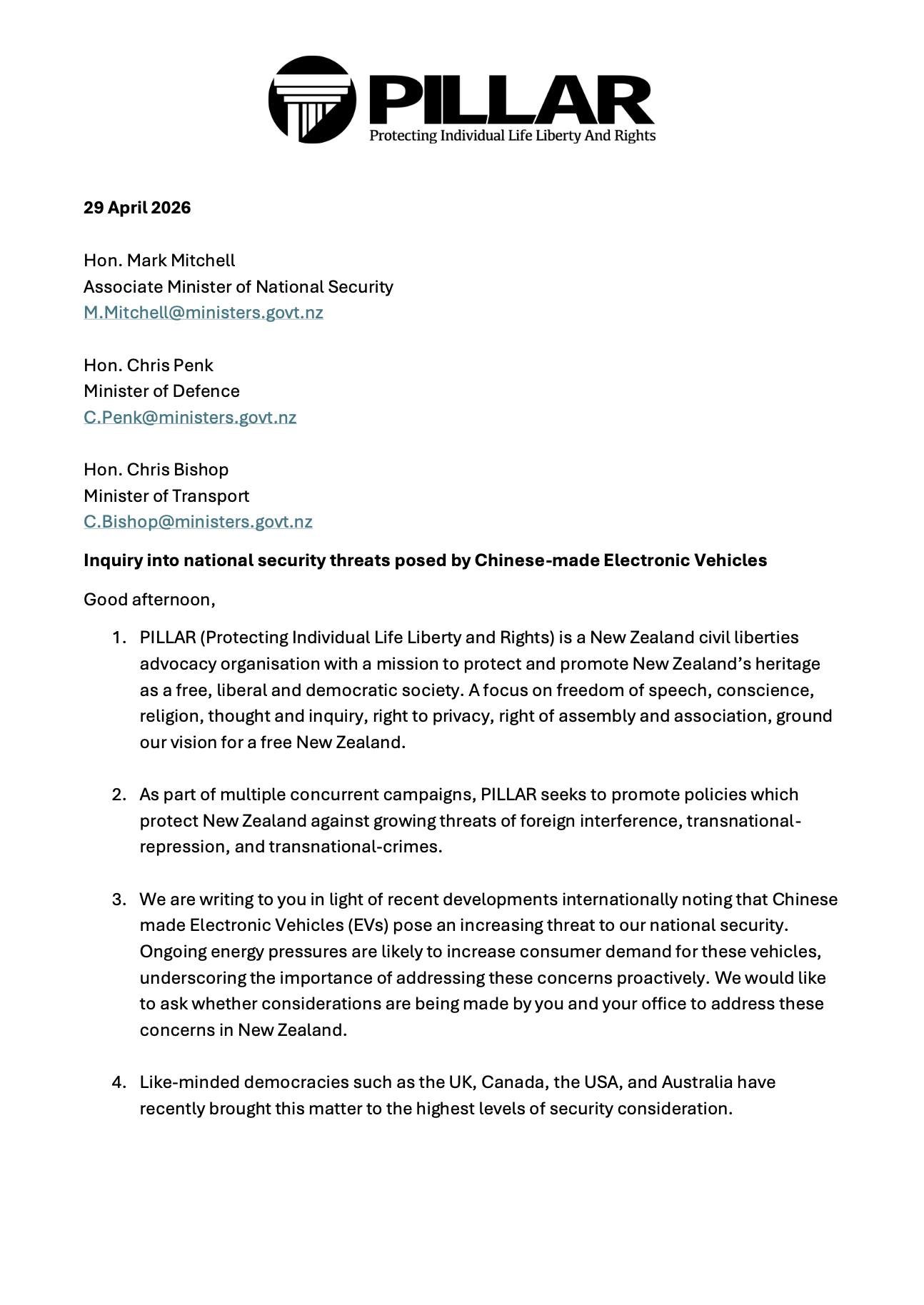 Yesterday we wrote to ministers Mitchell, Penk, and Bishop about the rapid rise of Chinese-made electronic and smart vehicles in New Zealand, warning they may pose significant risks to national security, privacy, and democratic integrity.

For more u